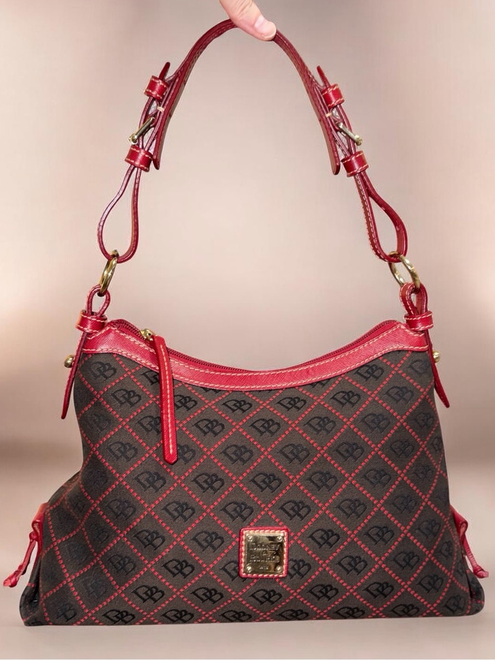 Dooney & Bourke Brown Monogram Shoulder Bag with Red Trim